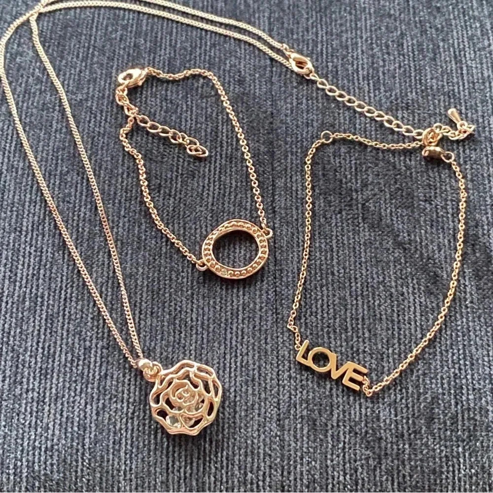 Dainty Rose Gold Lot of Delicate Crystal Rose Necklace and  2 Minimal Bracelets